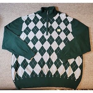 Notre Dame Gold Brand Men's XL Argyle Sweater 1/4 Zip Long Sleeve Green & Grey